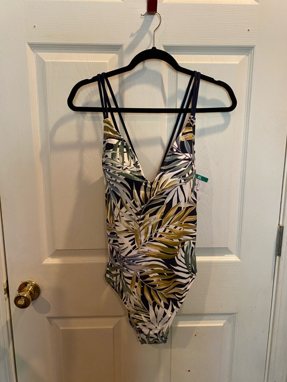 Hurley Olive, Navy and White Tropical Leaf One-Piece Swimsuit with Double Straps